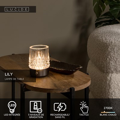 Lucide LILY - Lampe de table Rechargeable - Batterie/Piles - Ø 8 cm - LED 3 StepDim - 1x3W 2700K/3000K - Canon Fusil - Ensemble de 3